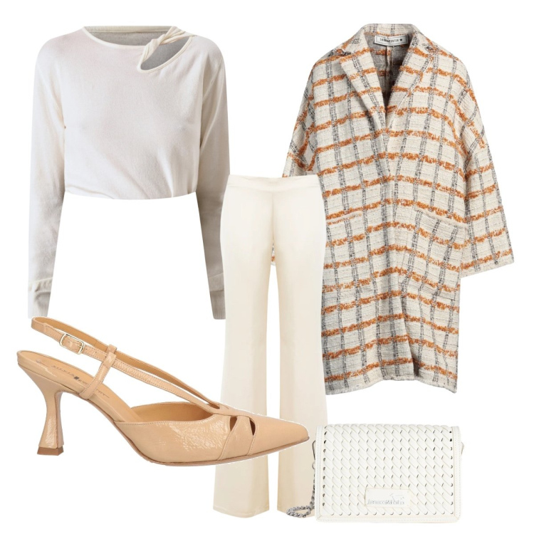 Outfit donna - Total White. Stile Minimal per Ufficio. Abbinamento con cappotti, décolleté, borse a tracolla, pantaloni a palazzo, maglieria.
