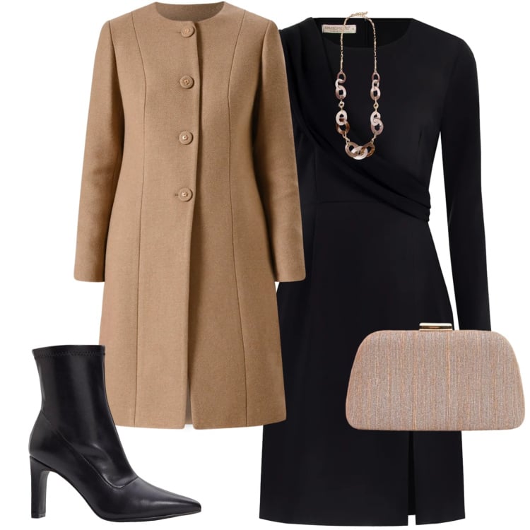 Outfit donna - Abito nero. Stile Chic per Cerimonia. Abbinamento con stivaletti, collane, pochette, vestiti a tubino, cappotti.