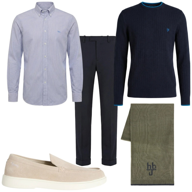 Outfit uomo - Total look #2348016. Stile Casual per Tutti i giorni. Abbinamento con pantaloni chino, camicie, scarpe stringate, sciarpe, maglieria.