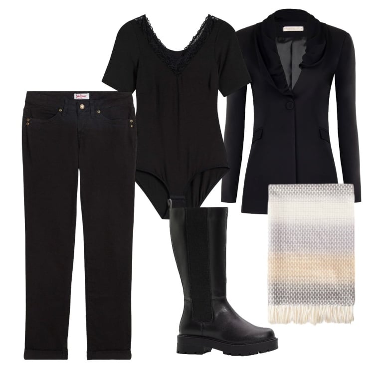 Outfit donna - Total black quasi. Stile Minimal per Ufficio. look ideale per Petite. Abbinamento con jeans dritti, body, stivali, sciarpe, blazer.
