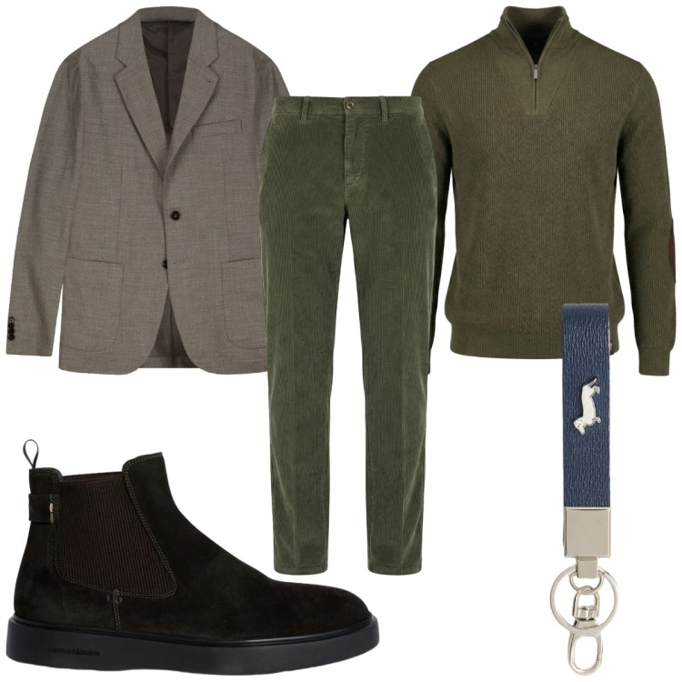 Outfit uomo - Total look #2348023. Stile Casual per Tutti i giorni. Abbinamento con stivali e stivaletti, pantaloni chino, portachiavi, maglieria, giacche.