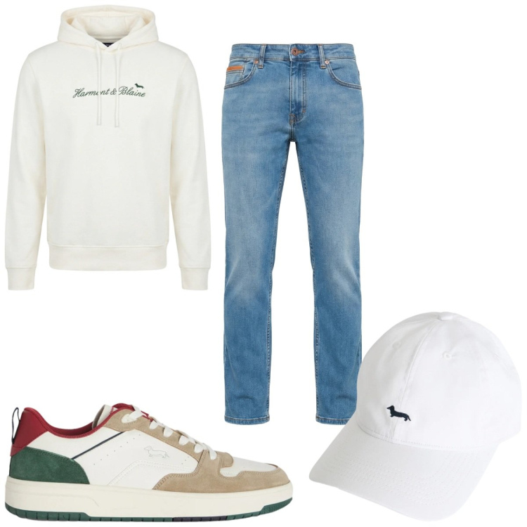 Outfit uomo - Total look #2348025. Stile Trendy per Tutti i giorni. Abbinamento con cappelli, sneakers, felpe con cappuccio, jeans.
