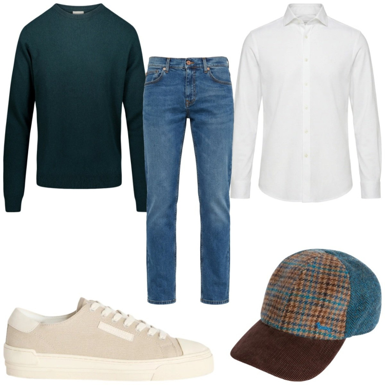 Outfit uomo - Total look #2348027. Stile Trendy per Tutti i giorni. Abbinamento con cappelli con visiera, sneakers, camicie, jeans, maglieria.