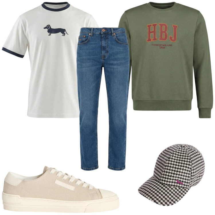 Outfit uomo - Total look #2348028. Stile Trendy per Tutti i giorni. Abbinamento con sneakers, cappelli con visiera, jeans, t-shirt, felpe.