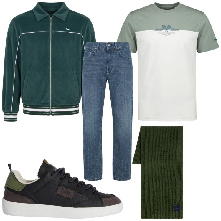 Outfit uomo - Total look #2348029. Stile Trendy per Tutti i giorni. Abbinamento con sneakers, jeans, t-shirt, felpe, sciarpe.