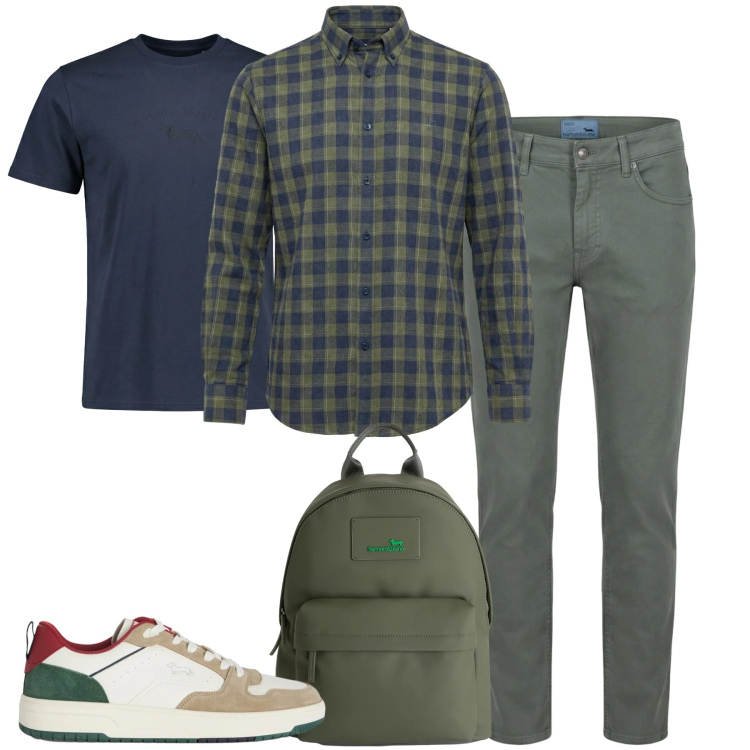 Outfit uomo - City. Stile Urban per Tutti i giorni. Abbinamento con sneakers, t-shirt, borse sportive, pantaloni, camicie.