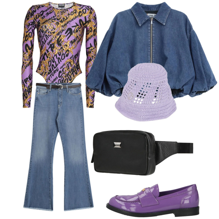 Outfit donna - Total look #2348042. Stile Trendy per Tutti i giorni. Abbinamento con cappelli, marsupi, mocassini, body, blazer, jeans.