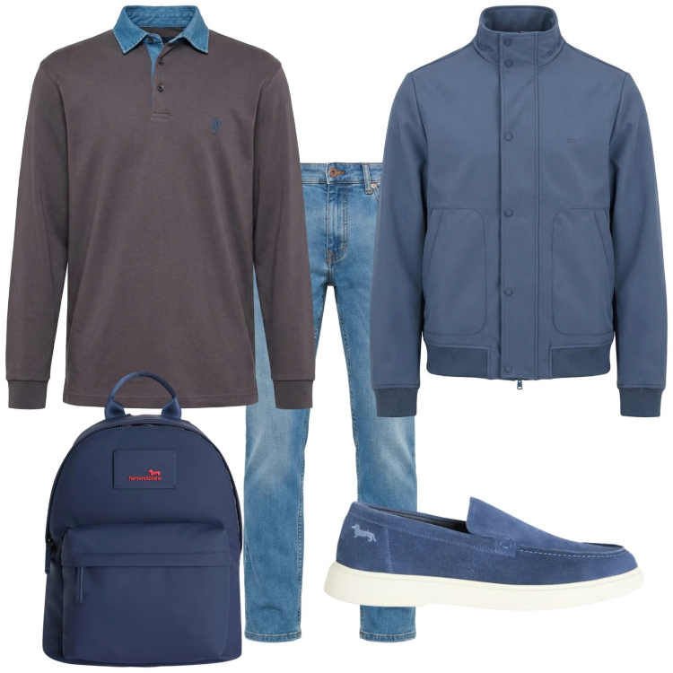 Outfit uomo - Total look #2348053. Stile Trendy per Tutti i giorni. Abbinamento con polo, borse sportive, jeans, bomber, sneakers.