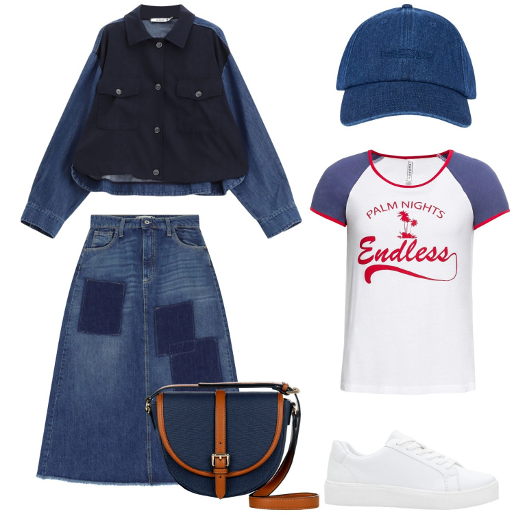 Outfit donna - Total look #2348056. Stile Vintage retrò per Tutti i giorni. Abbinamento con t-shirt, sneakers, cappelli con visiera, blazer, gonne lunghe, borse a tracolla.