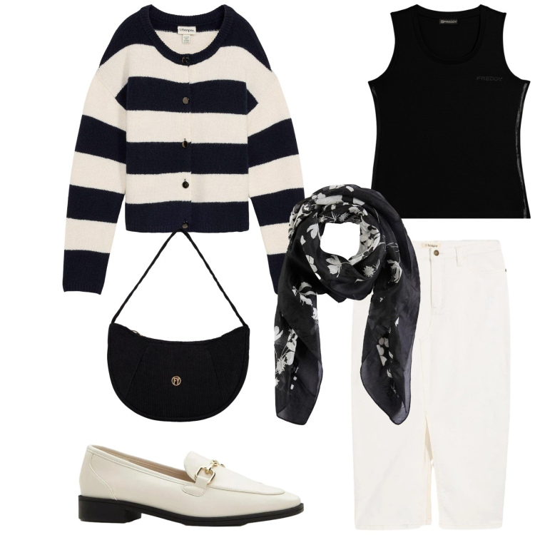 Outfit donna - Total look #2348060. Stile Casual chic per Tutti i giorni. Abbinamento con gonne longuette, cardigans, mocassini, foulard, borse a mano, canottiere.