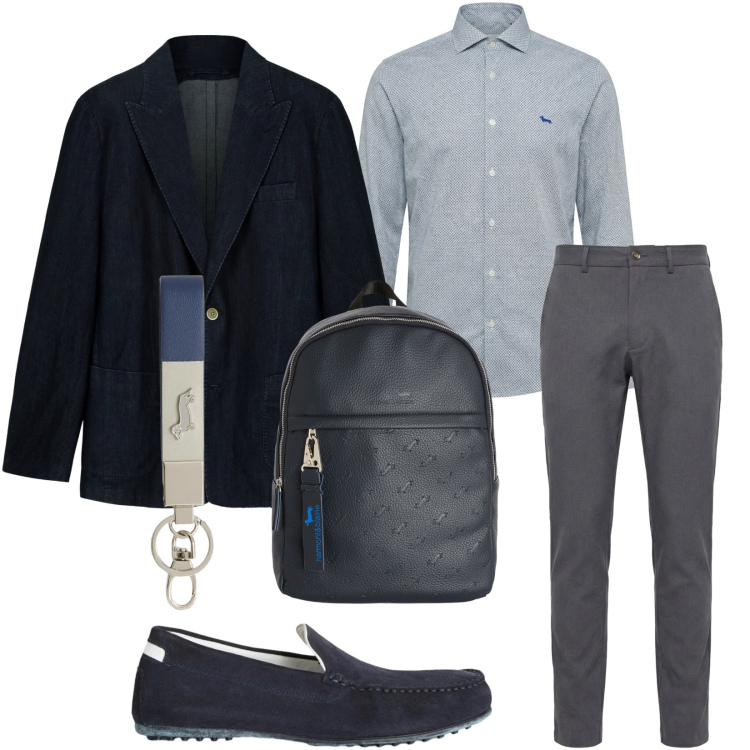 Outfit uomo - Office. Stile Business/Elegante per Ufficio. Abbinamento con scarpe stringate, portachiavi, pantaloni chino, camicie, borse sportive, giacche.