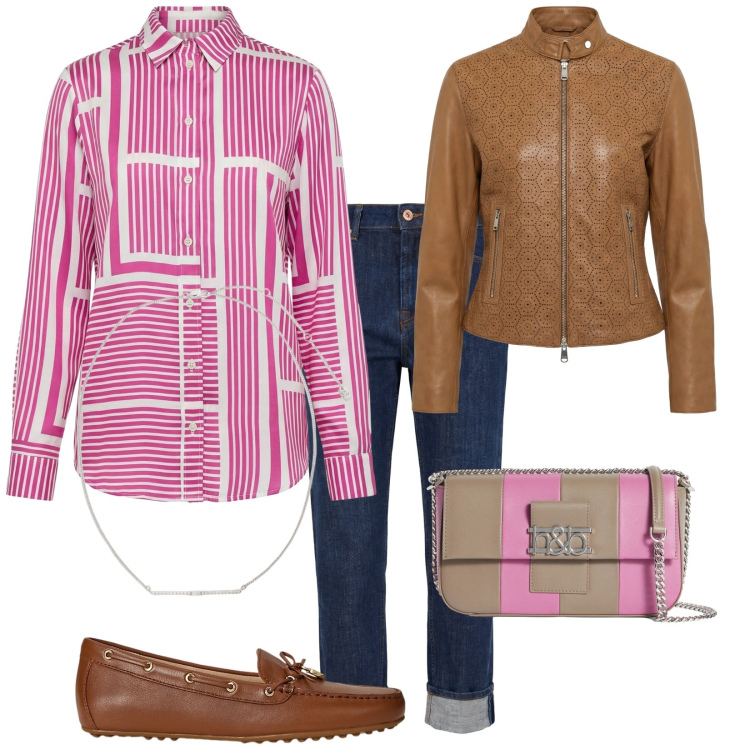 Outfit donna - Nuova collezione H & B. Stile Trendy per Tutti i giorni. Abbinamento con borse a spalla, giacche, jeans, camicie, mocassini, collane.