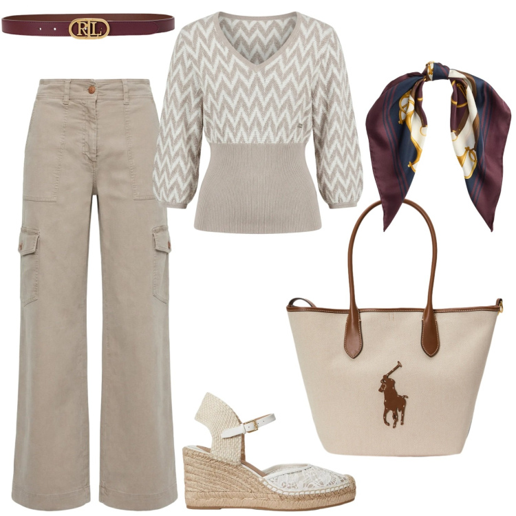 Outfit donna - Mediterranean glow. Stile Sporty chic per Tutti i giorni. Abbinamento con pantaloni cargo, maglieria, foulard, cinture, borse tote, espadrillas.