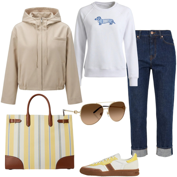 Outfit donna - Mediterranean glow. Stile Casual per Tutti i giorni. Abbinamento con felpe, cappotti, jeans, occhiali da sole, sneakers, borse tote.