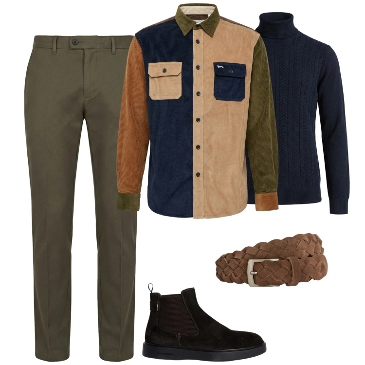 Outfit uomo - Total look #2348133. Stile Urban per Tutti i giorni. Abbinamento con cinture, pantaloni chino, stivali e stivaletti, camicie, maglieria.