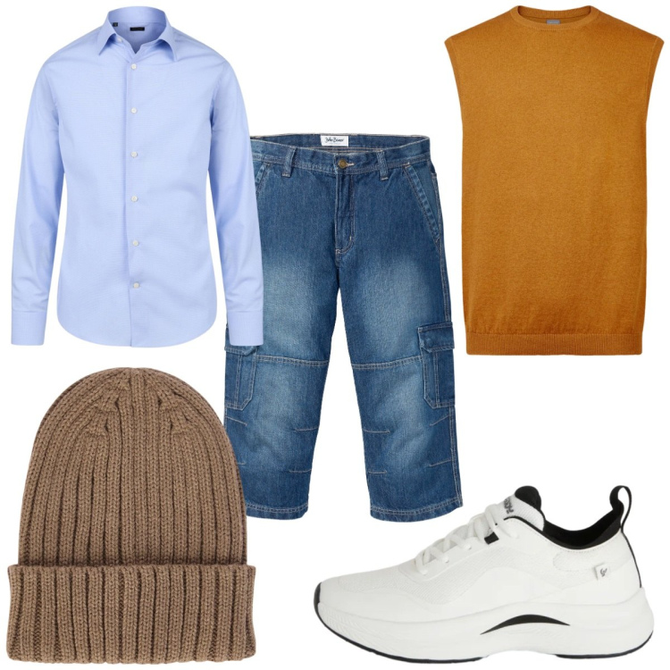 Outfit uomo - Total look #2348142. Stile Trendy per Tutti i giorni. Abbinamento con jeans dritti, sneakers, gilet, berretti, camicie.