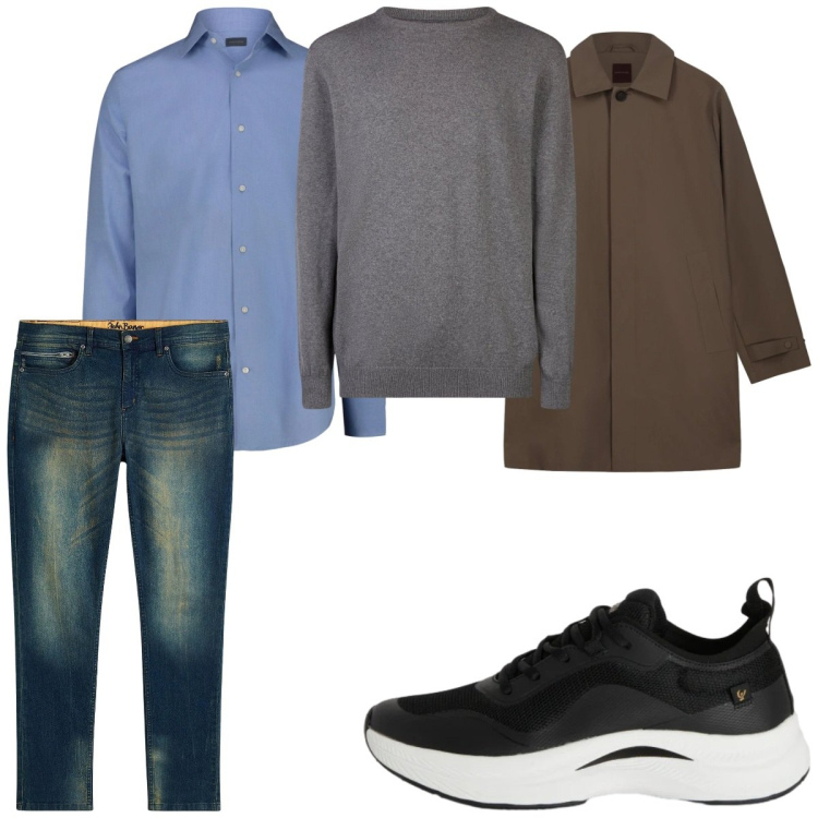 Outfit uomo - Total look #2348152. Stile Casual per Tutti i giorni. Abbinamento con jeans slim fit, sneakers, maglieria, camicie, trench.