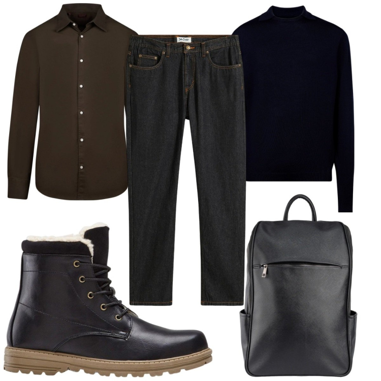 Outfit uomo - Total look #2348162. Stile Casual per Tutti i giorni. Abbinamento con jeans dritti, stivali e stivaletti, camicie, maglieria, borse sportive.