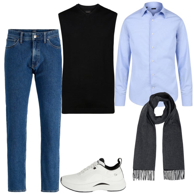 Outfit uomo - Total look #2348165. Stile Casual per Tutti i giorni. Abbinamento con jeans, sneakers, gilet, camicie, sciarpe.