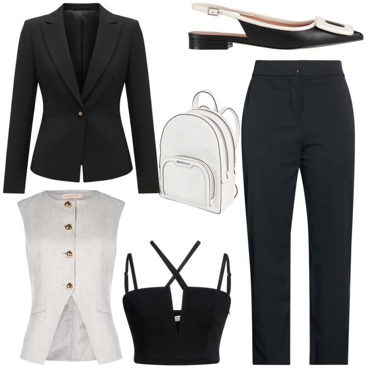 Outfit donna - Workwear. Stile Trendy per Ufficio. Abbinamento con pantaloni, zaini, ballerine, top, blazer, gilet.