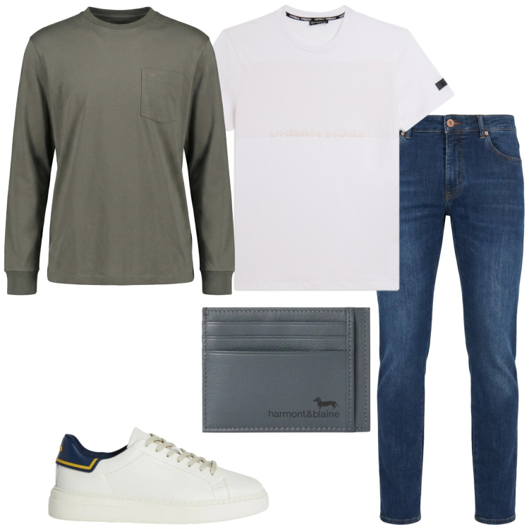 Outfit uomo - Saturday. Stile Casual per Tutti i giorni. Abbinamento con t-shirt, sneakers, portafogli, jeans, t-shirt.