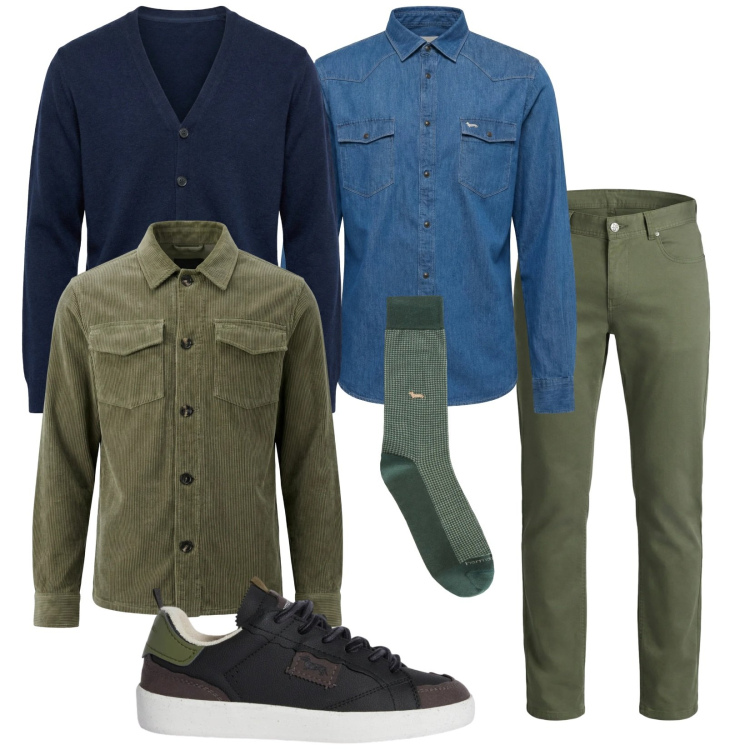 Outfit uomo - Total look #2348184. Stile Trendy per Tutti i giorni. Abbinamento con sneakers, camicie, cardigans, pantaloni, cappotti, calzini.