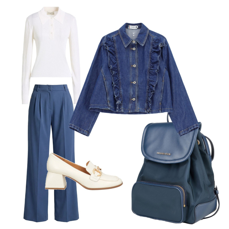 Outfit donna - Giubbotto denim con volant. Stile Casual chic per Tutti i giorni. Abbinamento con zaini, pullovers, mocassini, pantaloni, blazer.