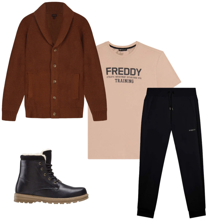 Outfit uomo - Total look #2348213. Stile Casual per Tutti i giorni. Abbinamento con stivali e stivaletti, pantaloni, t-shirt, cardigans.