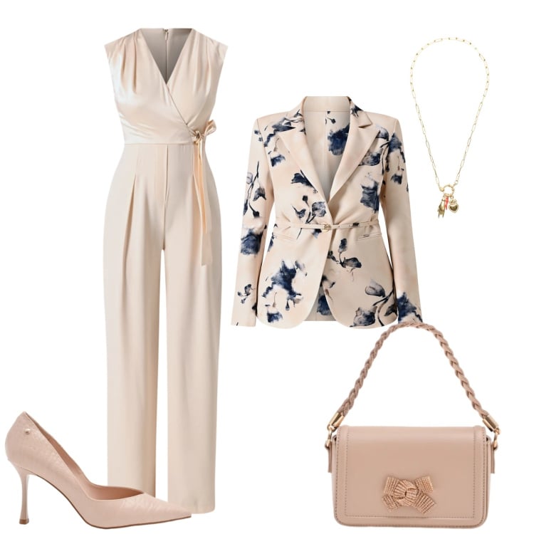 Outfit donna - Tonalità cipria e polverose. Stile Chic per Cerimonia. Abbinamento con pochette, décolleté, blazer, vestiti chemisier, ciondoli.