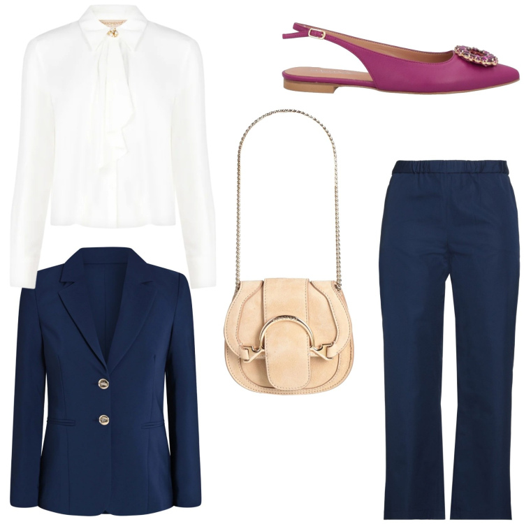 Outfit donna - Tailleur e ballerine gioiello. Stile Chic per Tutti i giorni. Abbinamento con marsupi, pantaloni, ballerine, camicie, blazer.