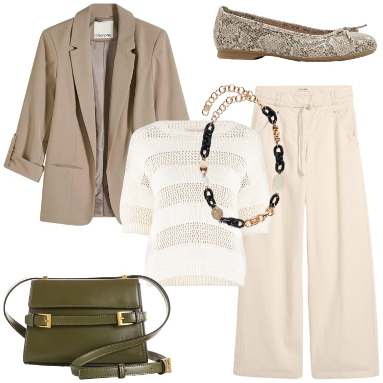 Outfit donna - Eleganza quotidiana. Stile Casual chic per Tutti i giorni. Abbinamento con blazer, borse a tracolla, ballerine, pantaloni, collane, maglieria.