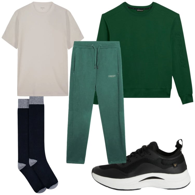 Outfit uomo - Total look #2348244. Stile Trendy per Sport. Abbinamento con sneakers, felpe, pantaloni, t-shirt, calzini.