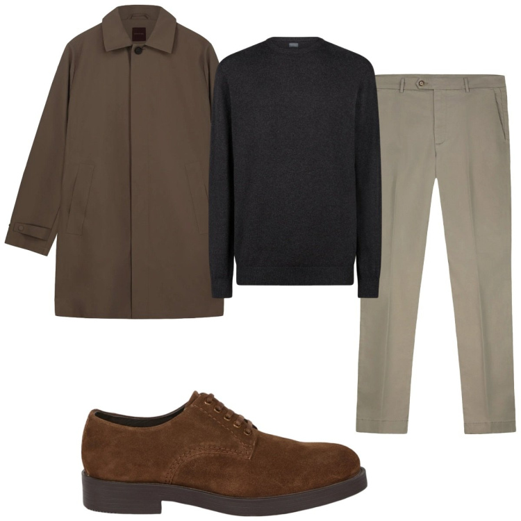 Outfit uomo - Total look #2348249. Stile Casual per Tutti i giorni. Abbinamento con maglieria, scarpe stringate, trench, pantaloni chino.