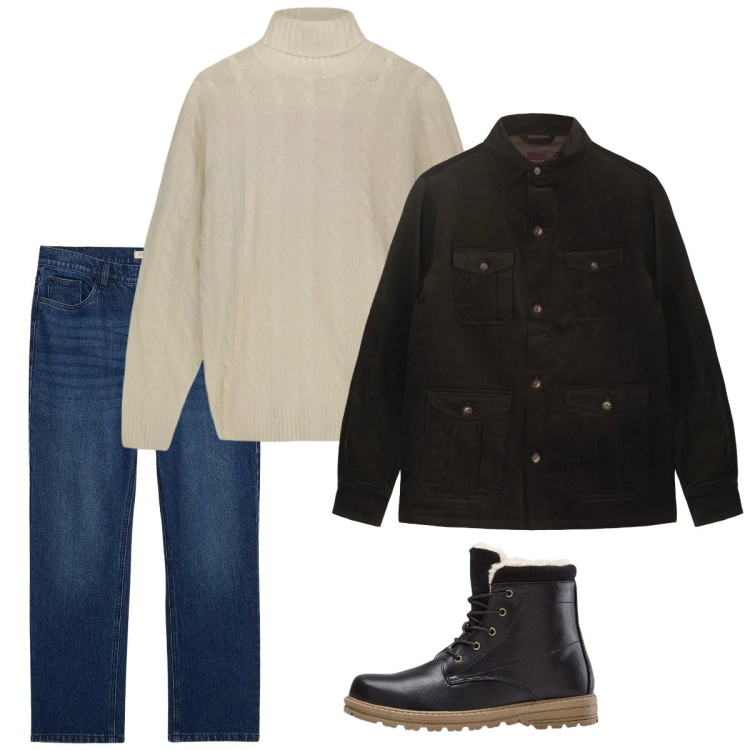 Outfit uomo - Total look #2348260. Stile Casual per Tutti i giorni. Abbinamento con stivali e stivaletti, jeans dritti, cappotti, maglieria.