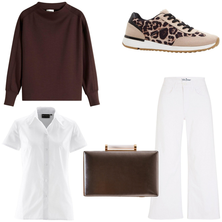 Outfit donna - Look panna e cioccolato. Stile Sporty chic per Tutti i giorni. Abbinamento con jeans, felpe, sneakers, camicie a manica corta, clutch.
