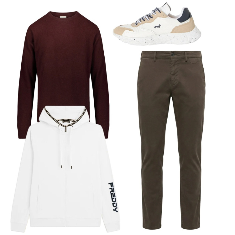Outfit uomo - City. Stile Casual per Tutti i giorni. Abbinamento con pantaloni chino, sneakers, felpe con cappuccio, maglieria.