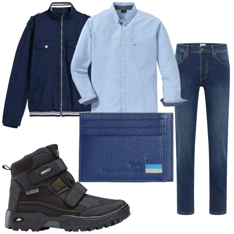 Outfit uomo - Total look #2348275. Stile Casual per Tutti i giorni. Abbinamento con camicie, stivali e stivaletti, jeans dritti, giacche, portafogli.