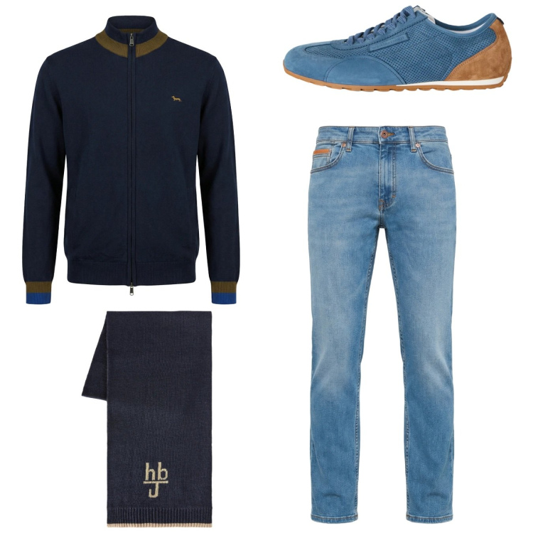 Outfit uomo - City. Stile Casual per Tutti i giorni. Abbinamento con sneakers, cardigans, jeans, sciarpe.