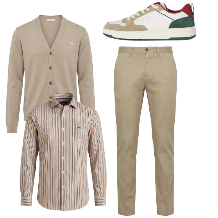 Outfit uomo - City. Stile Casual per Tutti i giorni. Abbinamento con camicie, sneakers, cardigans, pantaloni chino.