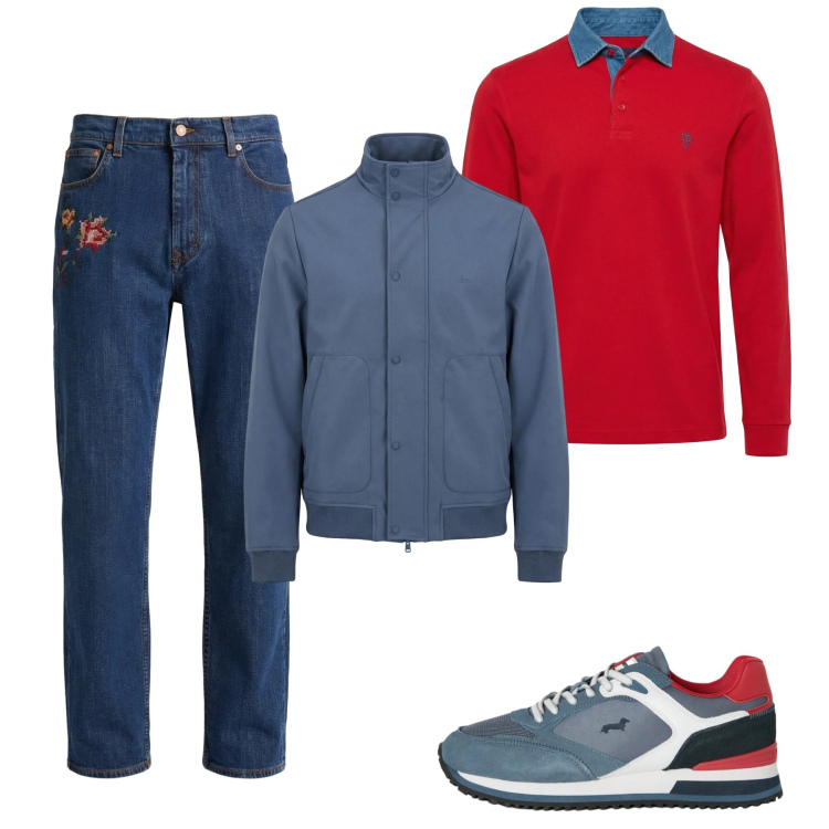 Outfit uomo - City chi ha una vita. Stile Casual per Tutti i giorni. Abbinamento con sneakers, polo, jeans, bomber.