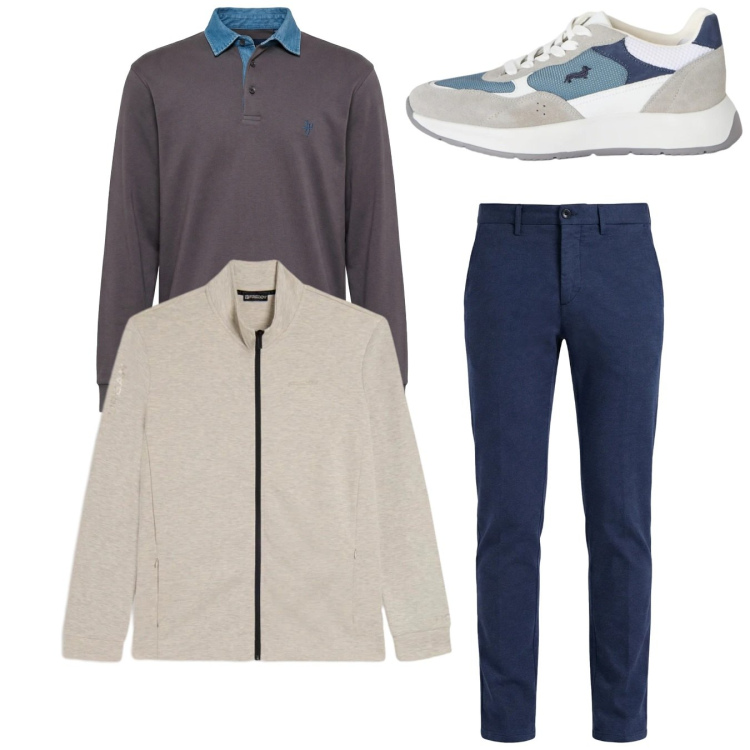 Outfit uomo - City. Stile Casual per Tutti i giorni. Abbinamento con sneakers, polo, pantaloni chino, felpe.