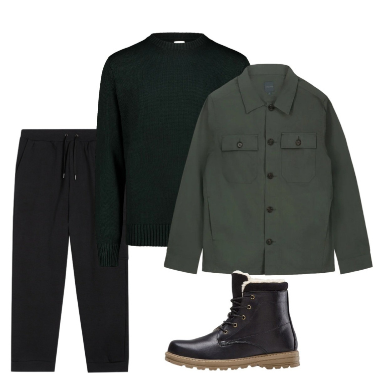 Outfit uomo - City. Stile Casual per Tutti i giorni. Abbinamento con stivali e stivaletti, pantaloni cargo, maglieria, cappotti.
