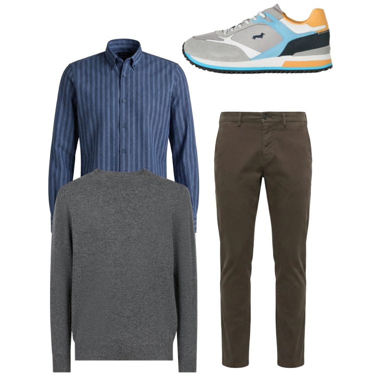 Outfit uomo - City. Stile Casual per Tutti i giorni. Abbinamento con sneakers, pantaloni chino, camicie, maglieria.