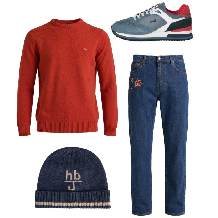 Outfit uomo - City. Stile Casual per Tutti i giorni. Abbinamento con sneakers, cappelli, jeans, pullovers.