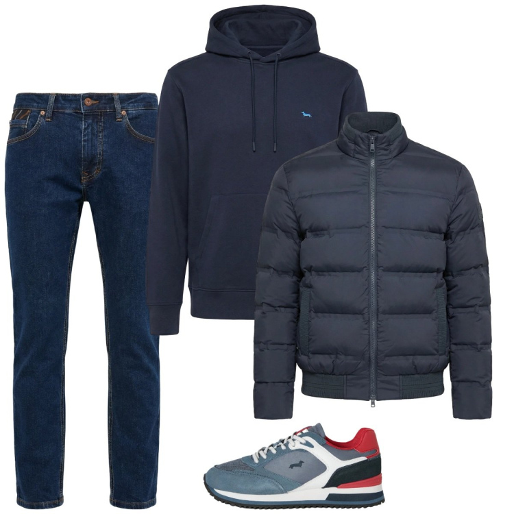 Outfit uomo - City. Stile Casual per Tutti i giorni. Abbinamento con sneakers, bomber, felpe con cappuccio, jeans.