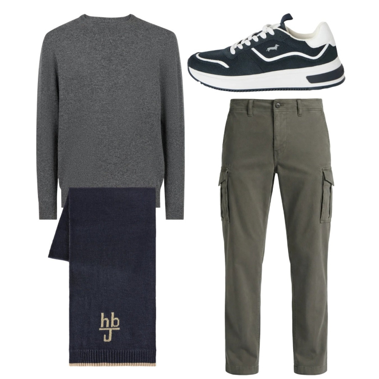 Outfit uomo - City. Stile Casual per Tutti i giorni. Abbinamento con pantaloni cargo, sneakers, sciarpe, maglieria.