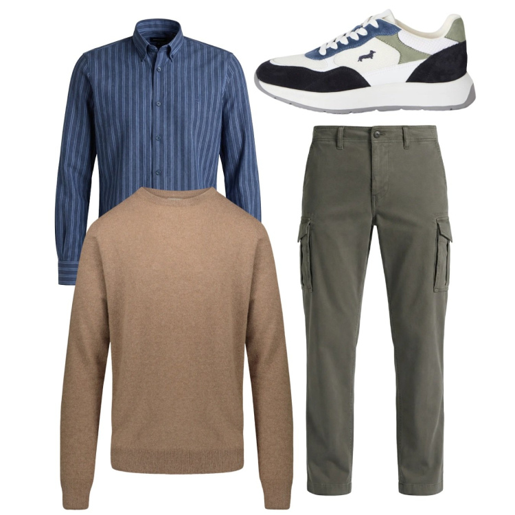 Outfit uomo - City. Stile Casual per Tutti i giorni. Abbinamento con pantaloni cargo, sneakers, camicie, maglieria.