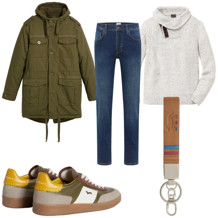 Outfit uomo - Total look #2348325. Stile Casual per Tutti i giorni. Abbinamento con maglieria, jeans dritti, parka, sneakers, portachiavi.