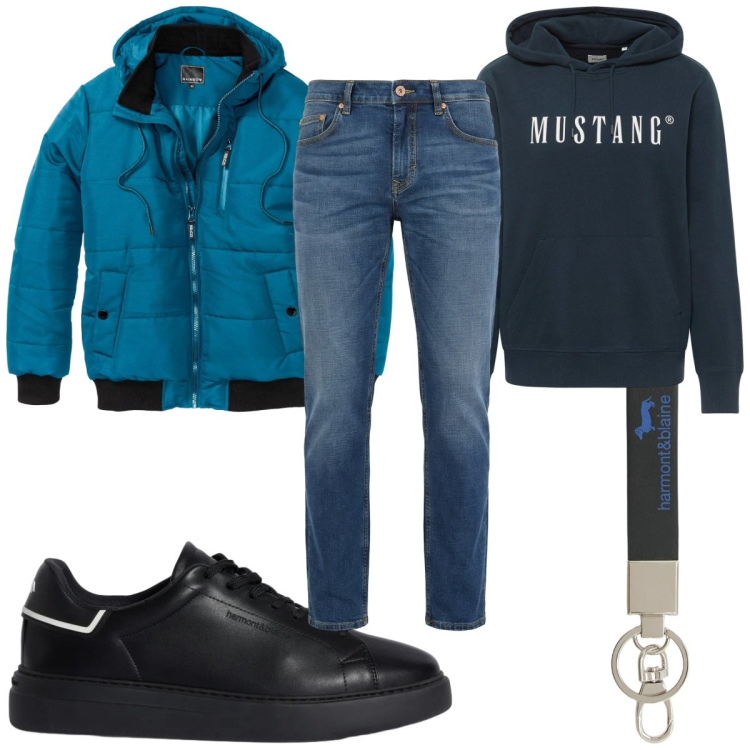 Outfit uomo - Total look #2348328. Stile Casual per Tutti i giorni. Abbinamento con bomber, felpe con cappuccio, sneakers, jeans, portachiavi.