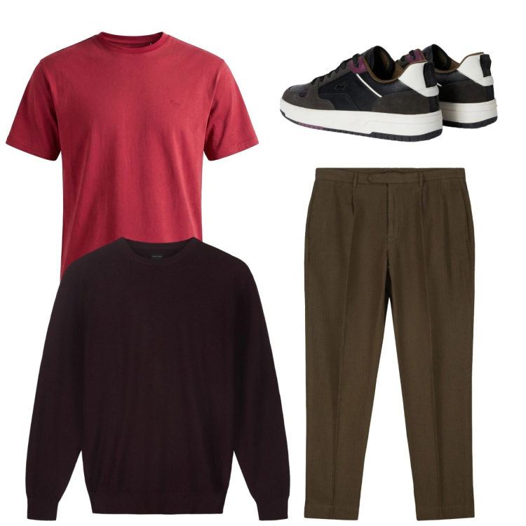 Outfit uomo - City. Stile Casual per Tutti i giorni. Abbinamento con sneakers, t-shirt, pantaloni, maglieria.